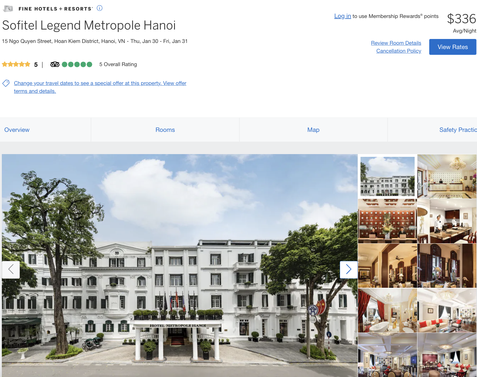 Amex Travel booking listing of the Sofitel Legend Metropole Hanoi
